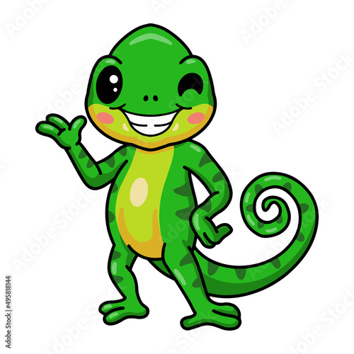 Cute little chameleon cartoon waving hand