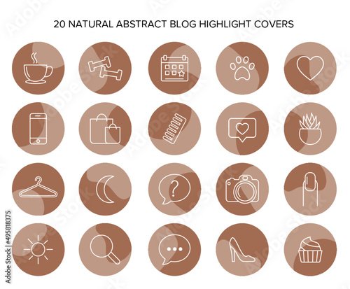 Natural, lifestyle, trendy, fun social media highlights. Abstract icon vector set for bloggers and social media stories