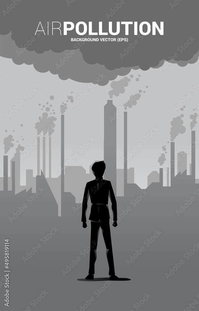 Businessman and smoke from city and factory. Concept for Air pollution and environment crisis. Businessman and smoke from city and factory. Concept for Air pollution and environment crisis.