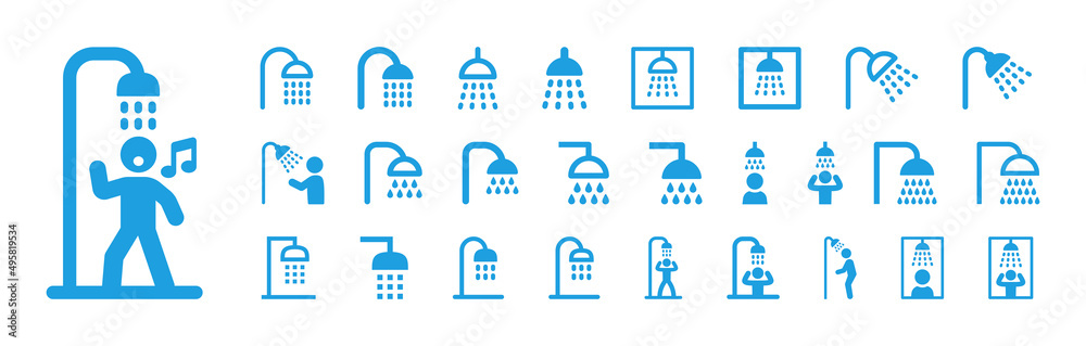 Shower icon collection. Shower icon vector in blue design. - obrazy, fototapety, plakaty 