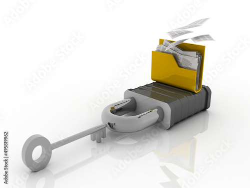  3D rendering Yellow folder and lock and key .Data security concept 