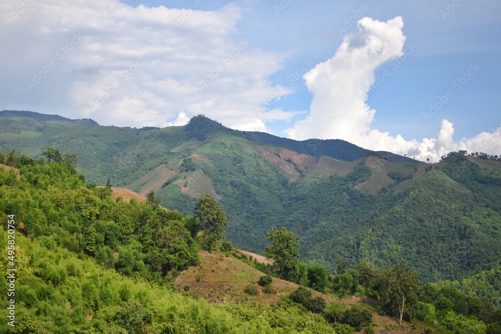 Fototapeta premium Mountain range scenery at road to Doi Sakat, Pua District, Nan Province, THAILAND.