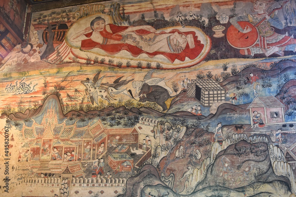 Obraz premium Ancient mural painting in the main chapel of Nong Bua temple in Nan province, THAILAND.