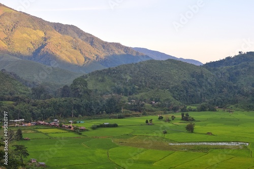 Mountain range scenery and rice fields at Ban Sapan village  Small village in Nan province  THAILAND.