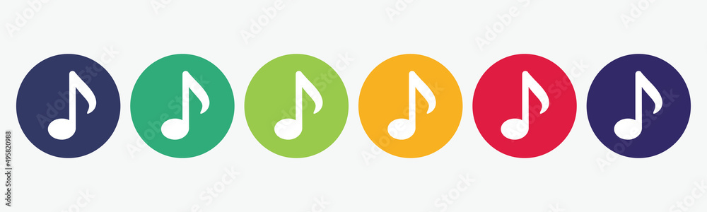 6 circles set with music note icon in various colors. Vector illustration. 6 circles set with music note icon in various colors. Vector illustration.