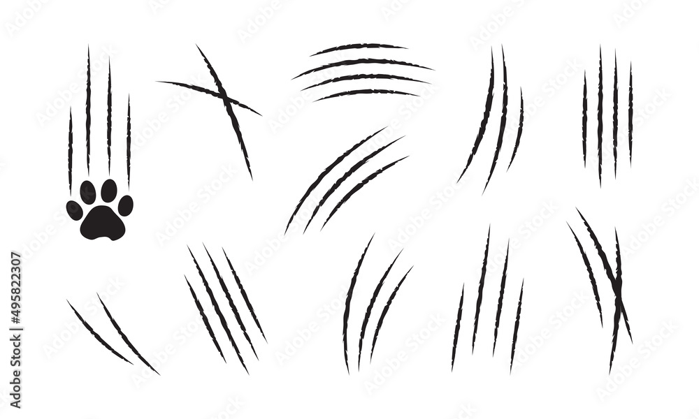Claw cat scratch, slash vector icon, black paw mark set isolated on white background. Animal simple illustration - obrazy, fototapety, plakaty 