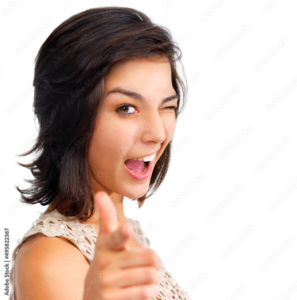 Heres looking at you kid. Pretty young woman pointing at the camera and winking, isolated on white - copyspace. Heres looking at you kid. Pretty young woman pointing at the camera and winking, isolated on white - copyspace.