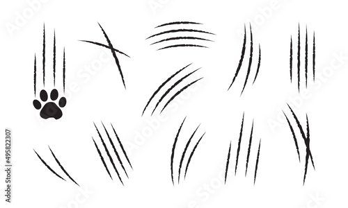Claw cat scratch, slash vector icon, black paw mark set isolated on white background. Animal simple illustration photo