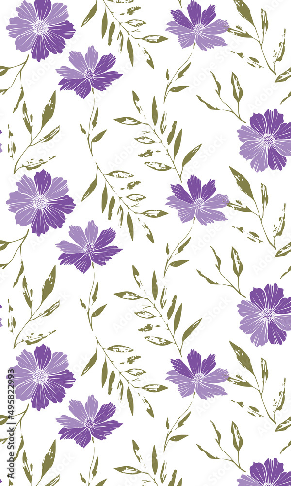 Floral seamless pattern with scattered purple flowers, leaves and plants. Summer illustration in vintage style on white background.