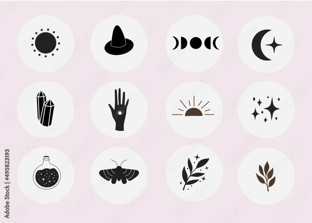Mythical celestial, witchy, botanical, astrology social media blog highlights. Vector icon modern trendy collection, set.