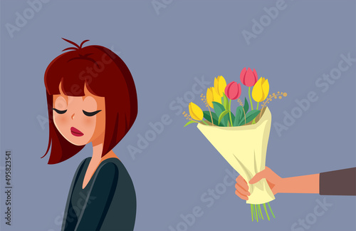 Sad Girlfriend Receiving Flowers and Apologies Vector Illustration