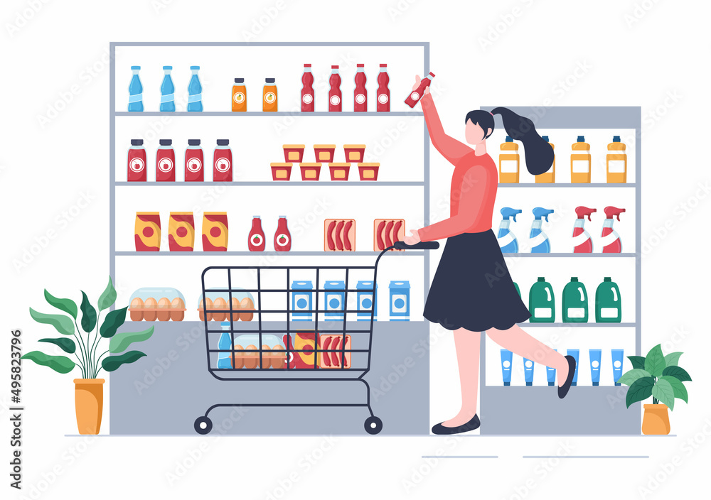 Supermarket with Shelves, Grocery Items and Full Shopping Cart, Retail, Products and Consumers in Flat Cartoon Background Illustration Supermarket with Shelves, Grocery Items and Full Shopping Cart, Retail, Products and Consumers in Flat Cartoon Background Illustration