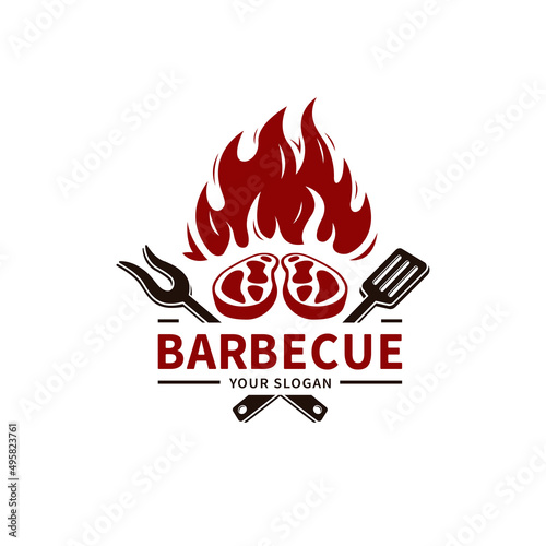 minimalist concept barbecue vector illustration with grill, fire, spatula and grill fork for bbq restaurant logo design2