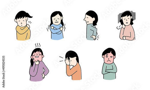 肩こり、寒さ、ほてり、腰痛、ホルモンバランスの乱れなど、更年期の症状に悩む女性のイラストセット　女性の健康