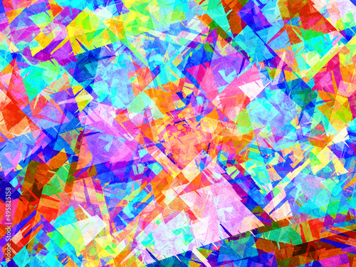 Creación de arte psicodélico digital compuesto de figuras irregulares solapadas en colores estridentes en un mosaico que aparenta ser un caos geométrico de formas puntiagudas.