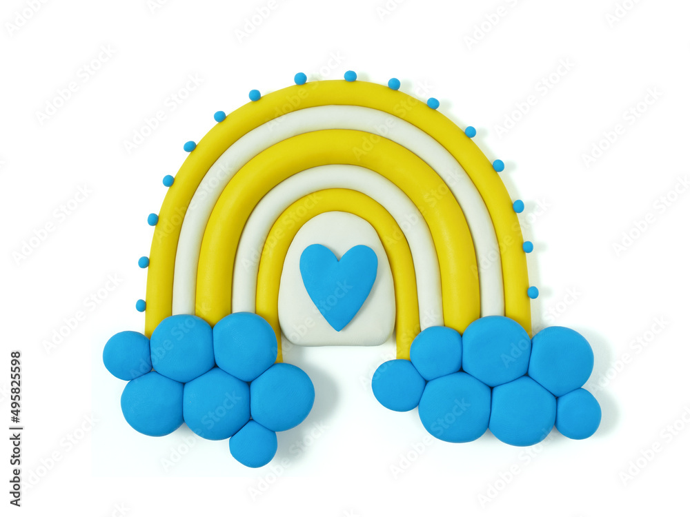 Obraz premium Ukraine Rainbow. Boho Rainbow with Ukraine flag colors. Pray for Ukraine, Support the Ukraine sign. War in Ukraine concept. Handmade from plasticine