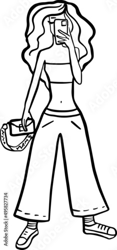 Girl taking a selfie with a smartphone. Today fashion look. Cartoon sketch vector illustration.