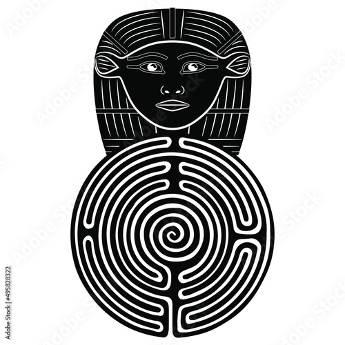 Round spiral maze or labyrinth symbol with head of ancient Egyptian goddess Hathor. Creative concept. Black and white silhouette.
