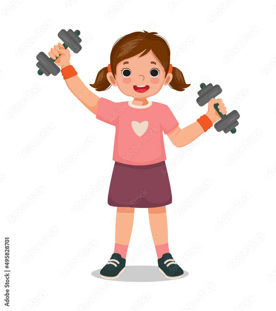 cute little girl doing sport training exercising with dumbbells cute little girl doing sport training exercising with dumbbells
