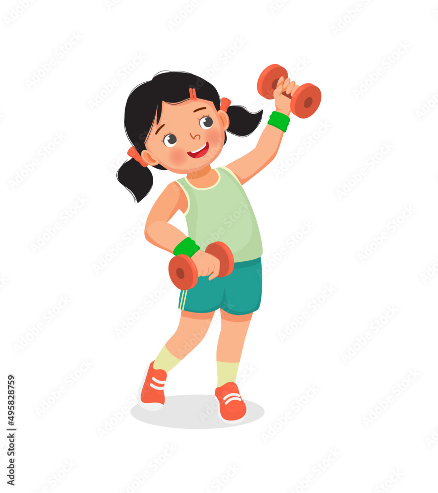 Healthy cute little girl doing sport exercises fitness workout with dumbbells Healthy cute little girl doing sport exercises fitness workout with dumbbells