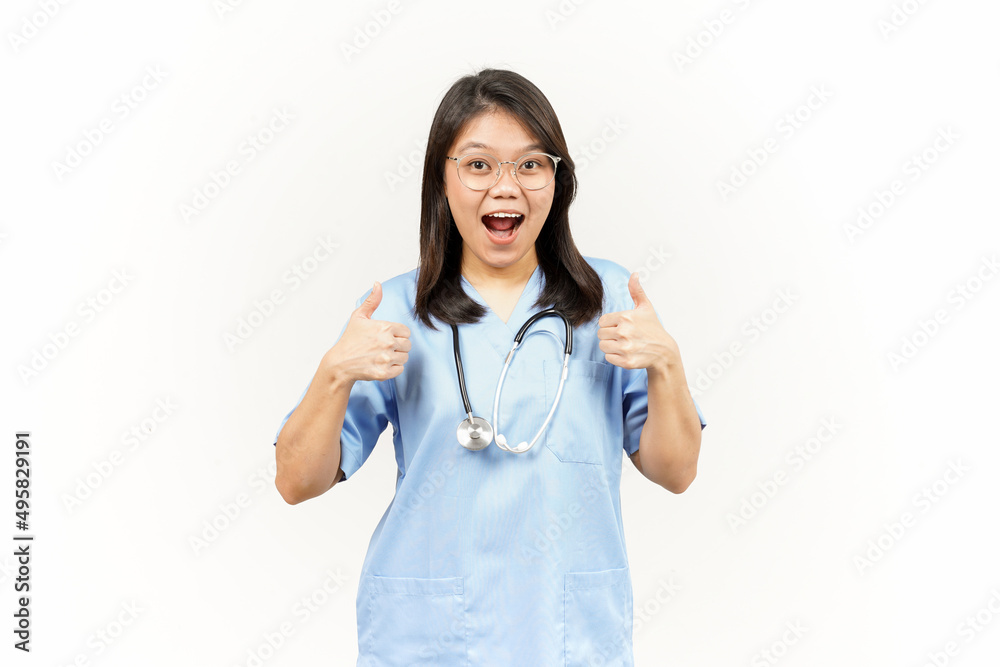 Showing Thumbs Up Of Asian Young Doctor Isolated On White Background Showing Thumbs Up Of Asian Young Doctor Isolated On White Background