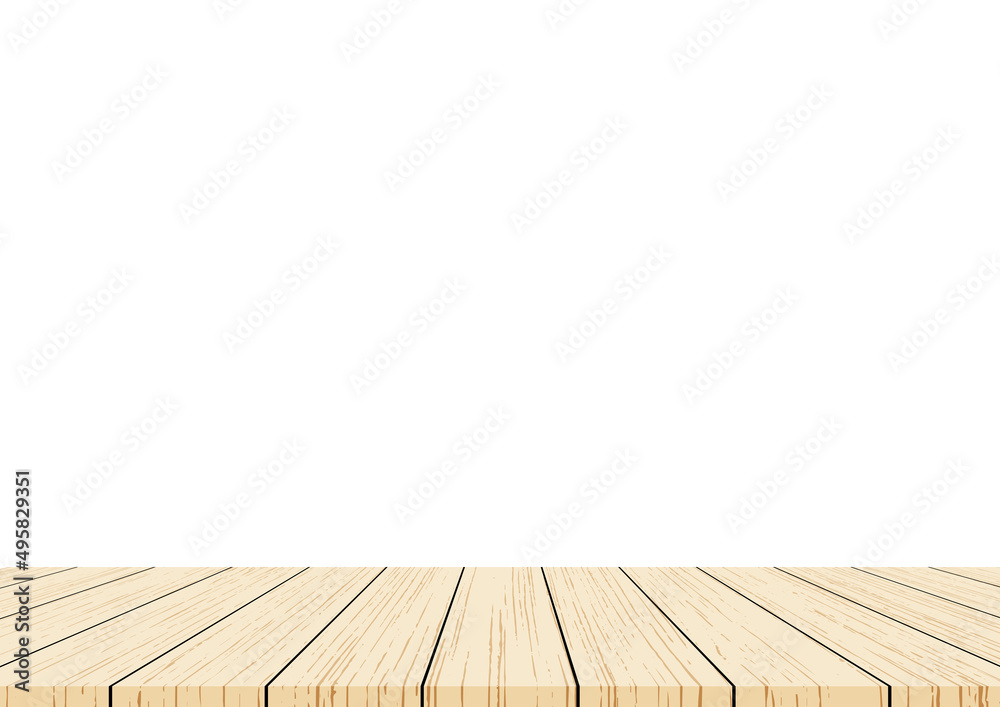 Empty brown wood table top isolated on white background, Perspective style