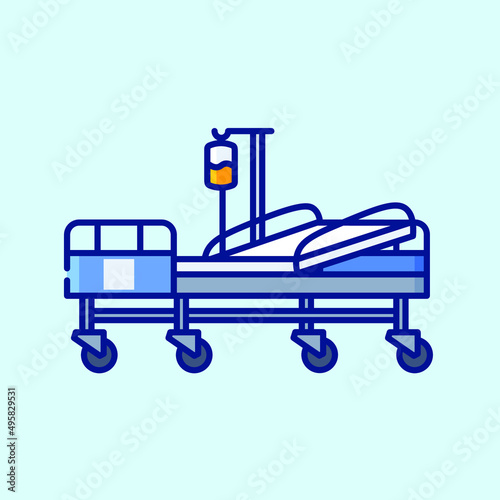 Hospital wheel bed and stand with droppers color icon on light blue background. Modern hospital equipment. Collection of vector icons on the theme of medical tools, drugs and healthcare diagnostics.