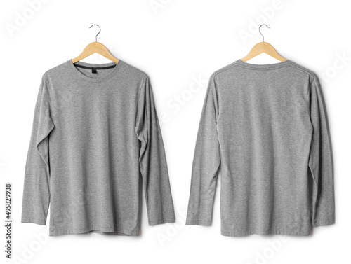 Realistic long sleeve T shirt mockup hanging front and back view isolated on white background with clipping path. © Touchr