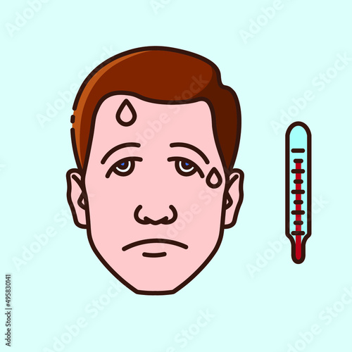 Sad guy in a fever with a high temperature suffering from colds or viral diseases; flu or coronavirus. Collection of color icons on blue background on the theme of medical tools and disease prevention