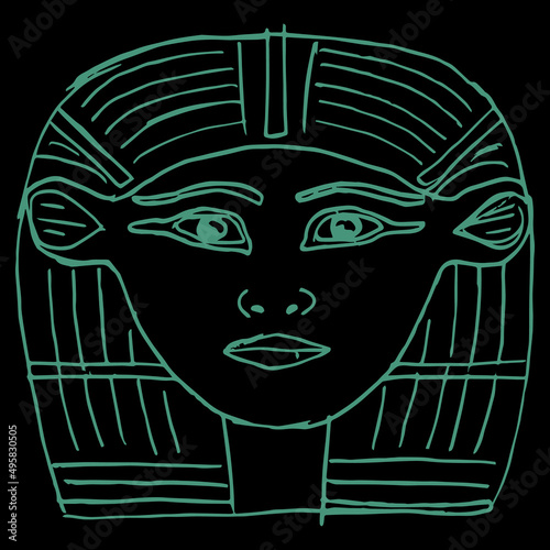Head of ancient Egyptian goddess of love Hathor. Hand drawn linear doodle sketch. Green silhouette on black background. Isolated vector illustration. 