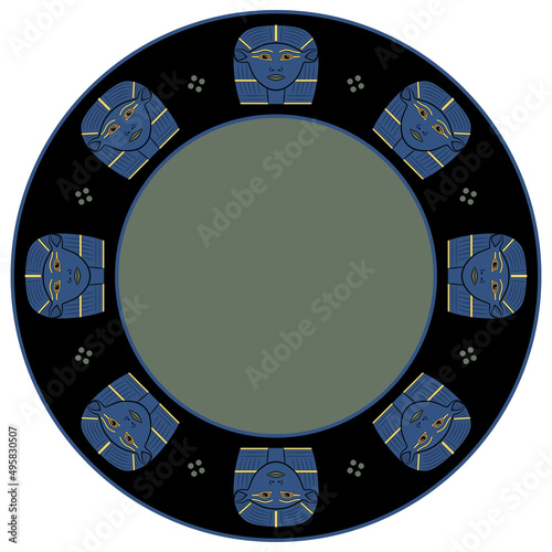 Round vintage frame or texture with faces of ancient Egyptian goddess Hathor. Isolated vector illustration. 