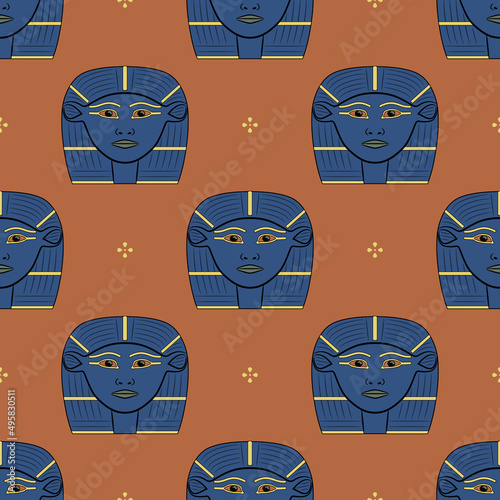 Seamless geometrical pattern with heads of ancient Egyptian goddess of love Hathor.