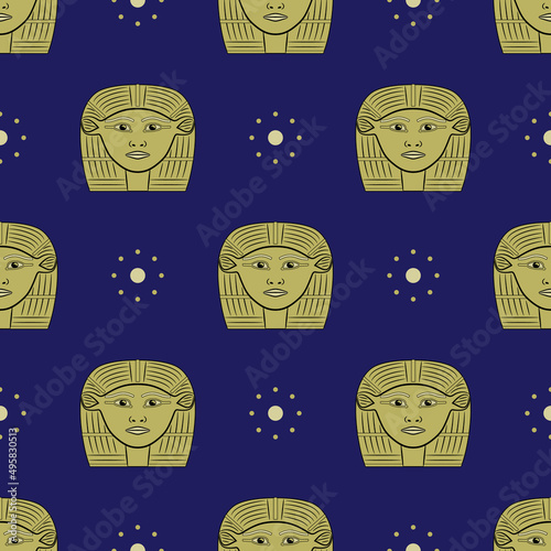 Seamless geometrical pattern with heads of ancient Egyptian goddess of love Hathor.