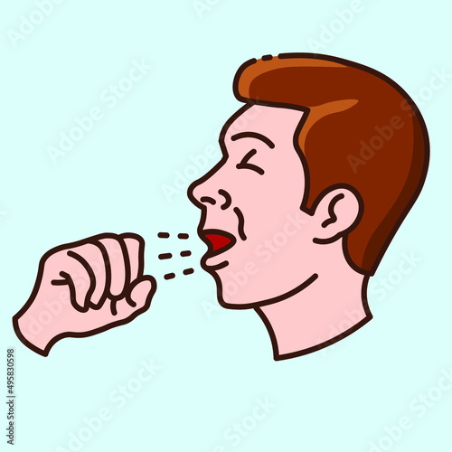 Sneezing man. Sneezing caused by a cold, a virus, or a seasonal allergy. Collection of color icons on blue background on the theme of medical tools, drugs and healthcare diagnostics.