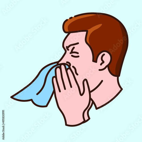 Man, blowing his nose in a napkin. Color icon on light blue. A runny nose caused by a cold, a virus, or a seasonal allergy. Collection of icons on the theme of medical tools and healthcare diagnostics