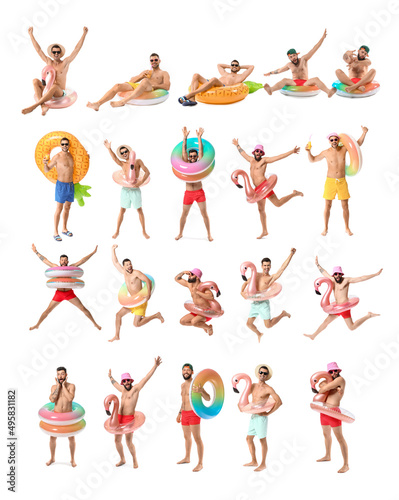 Set of men with inflatable rings isolated on white