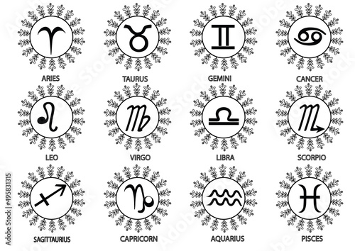 Collection of decorative symbols of all monthly signs for the horoscope. Set twelve zodiac signs: Aquarius, Aries, Cancer, Capricorn, Gemini, Leo, Libra, Pisces, Sagittarius, Scorpio, Taurus, Virgo.  