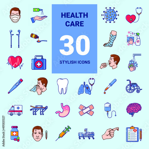 Set of color icons on the theme of medical tools, drugs, healthcare diagnostics and disease prevention. Collection of stylish medical illustrations on light blue background.