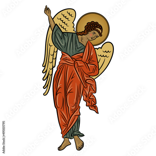 Winged medieval angel pointing up. Russian Orthodox Christian design. On white background.