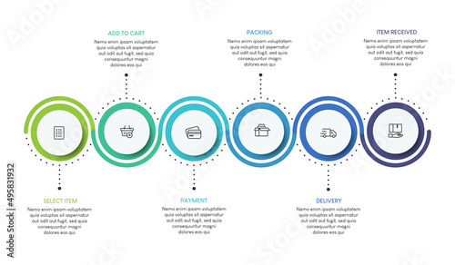 Process of online shopping with 6 steps. Steps business timeline process infographic template