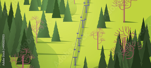 mountains with cableway green grass pines and fir trees ski resort in springtime summer vacation concept