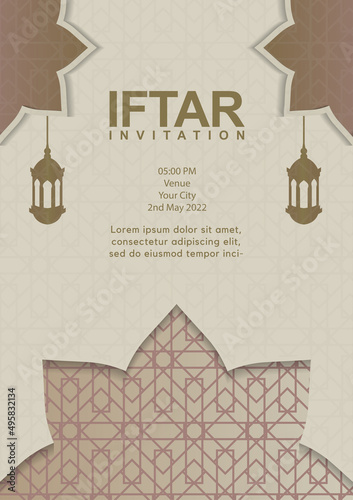 Iftar Party invitation with Islamic texture, soft colors and lantern ornaments
