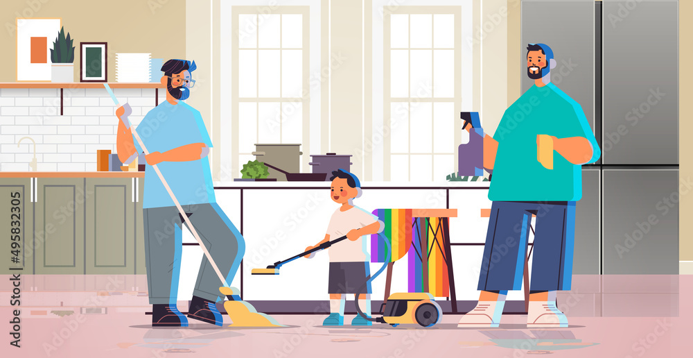 male parents cleaning house with little son gay family transgender love LGBT community concept
