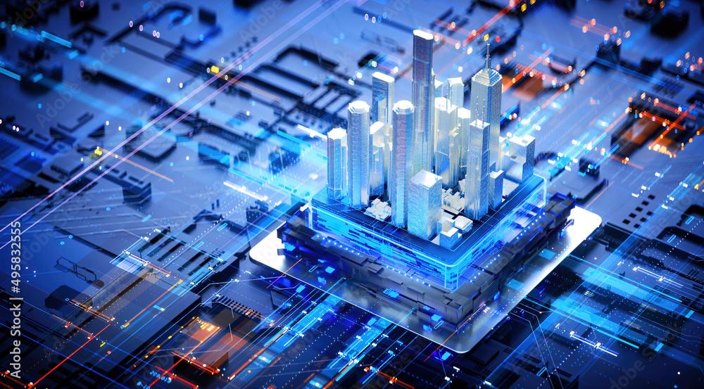 3D rendering of cyberpunk AI. Circuit board. Technology background ...