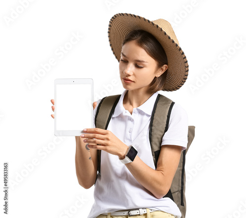 Female tourist with tablet ...