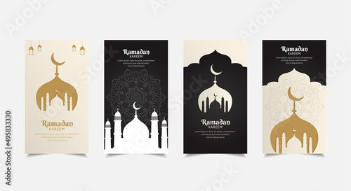 Black and White Ramadhan kareem design Stories Collection. Ramadhan kareem template stories suitable for promotion, marketing etc. Elegant ramadan kareem background with crescent moon and mosque © Doharma