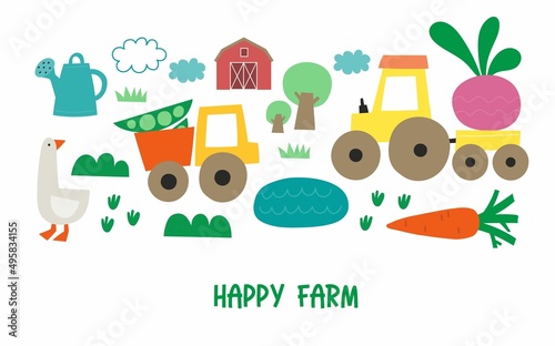 Farm life - vector illustration. Cute pictures with tractor, truck, farm, vegetables