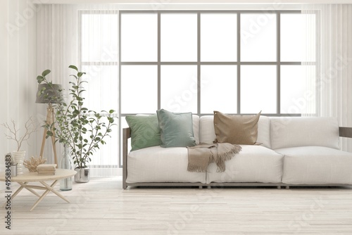 Modern living room in white color with sofa. Scandinavian interior design. 3D illustration