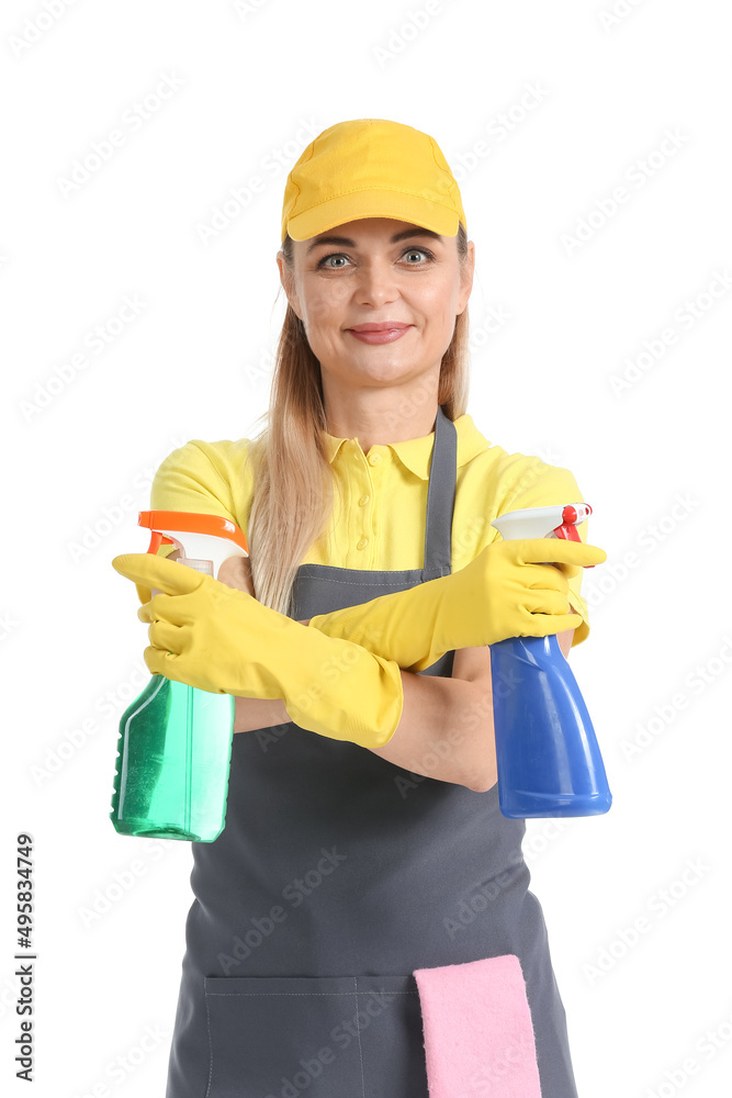 Worker of cleaning service with detergents on white background