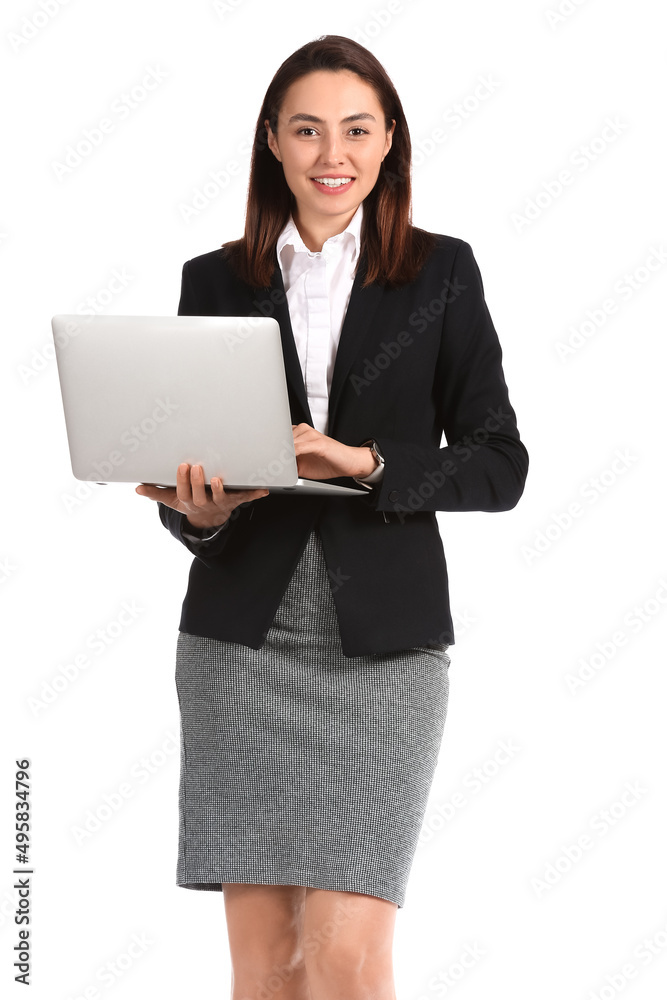 Pretty businesswoman using laptop on white background Pretty businesswoman using laptop on white background